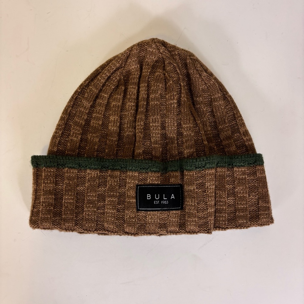 Bula Brown Knit Beanie with‎ Green Trim Fleece Lined Unisex